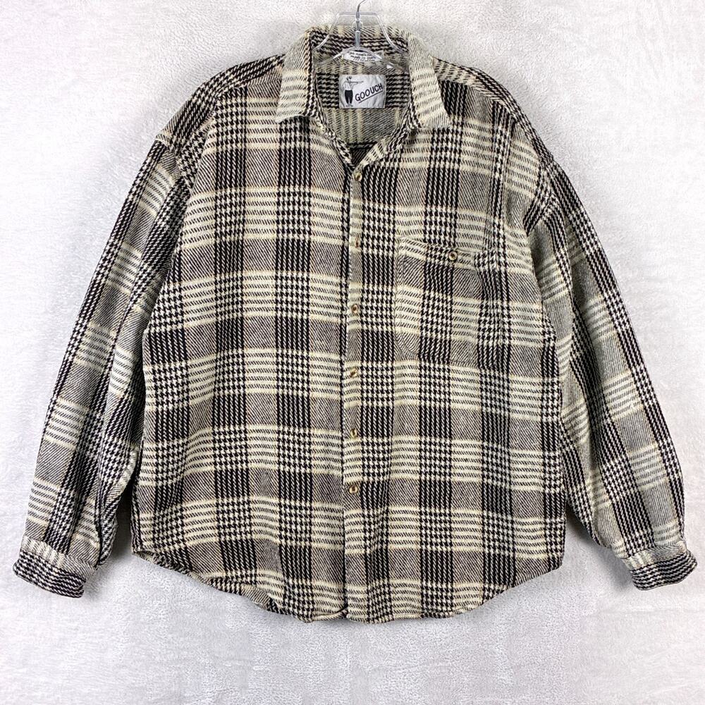 VTG Goouch Shirt Men L Beige Black Plaid Heavyweight Textured Flannel Preppy 90s